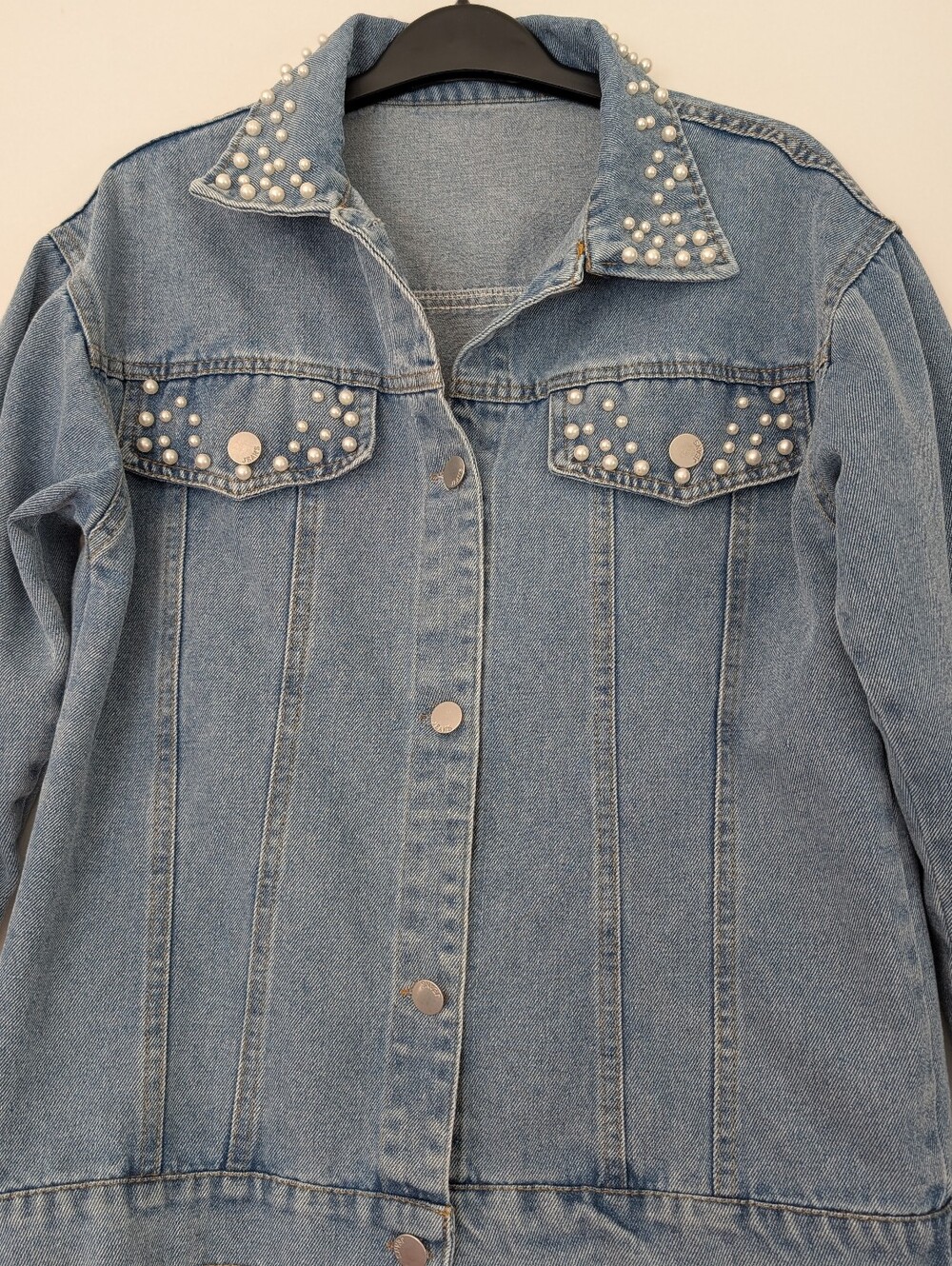 Pearl-Accent Light Blue Denim Jacket - Women